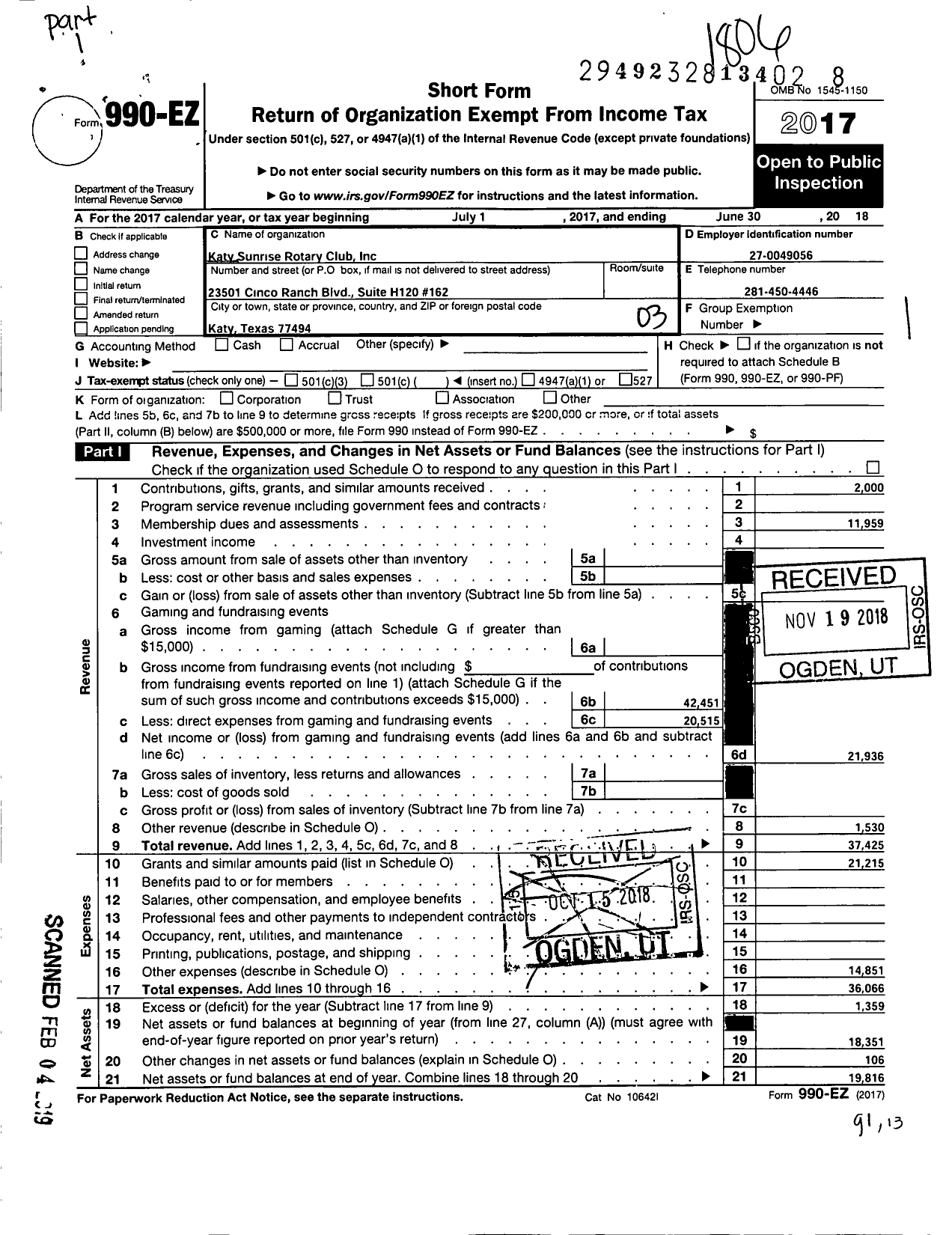 Image of first page of 2017 Form 990EZ for Cinco Ranch Rotary Club