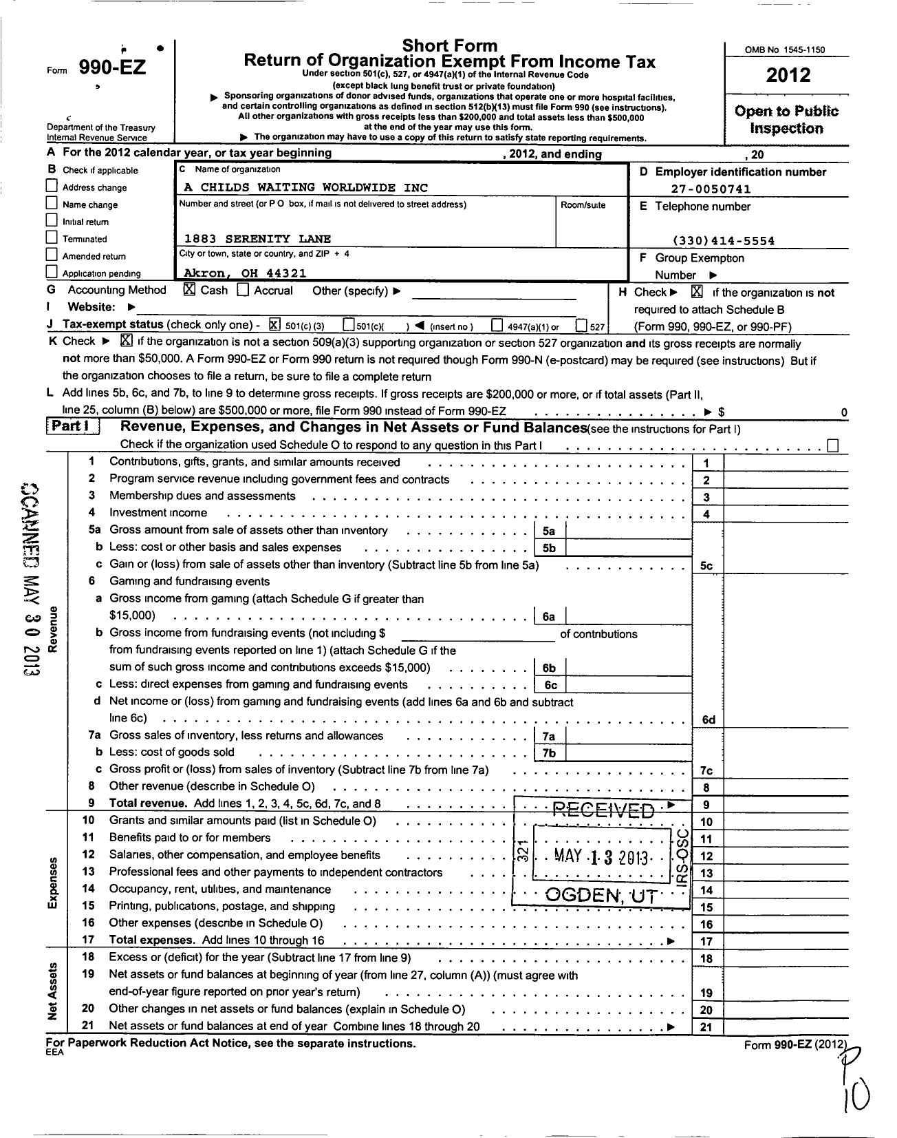 Image of first page of 2012 Form 990EZ for A Childs Waiting Worldwide