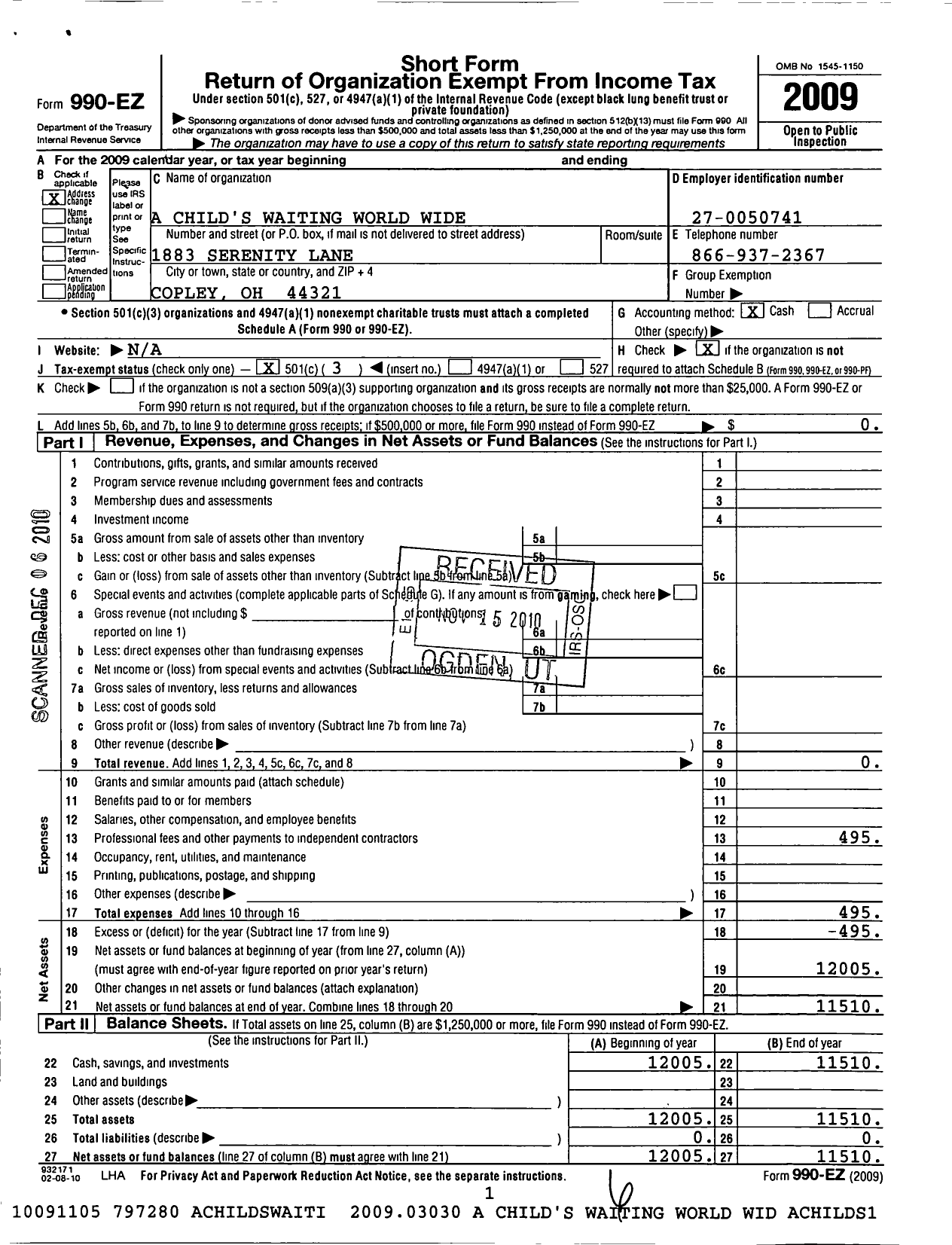 Image of first page of 2009 Form 990EZ for A Childs Waiting Worldwide