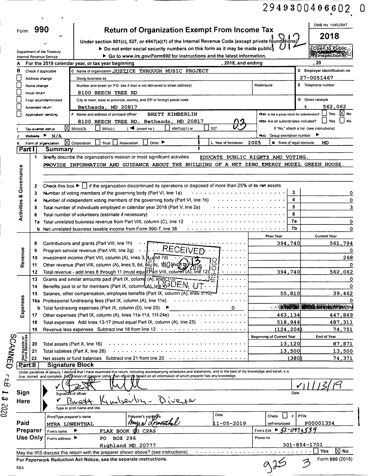 Image of first page of 2018 Form 990 for Justice Through Music Project