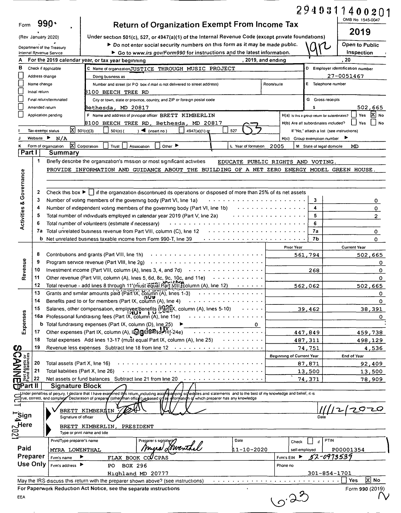 Image of first page of 2019 Form 990 for Justice Through Music Project