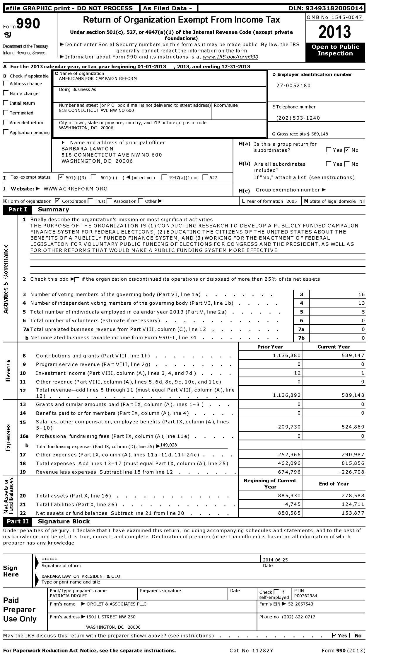 Image of first page of 2013 Form 990 for Americans for Campaign Reform