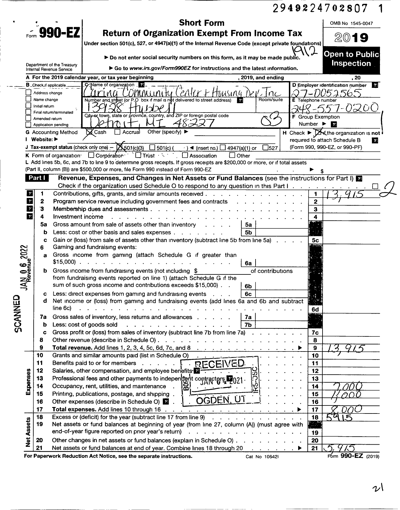 Image of first page of 2019 Form 990EZ for Caring Community Center and Housing Development