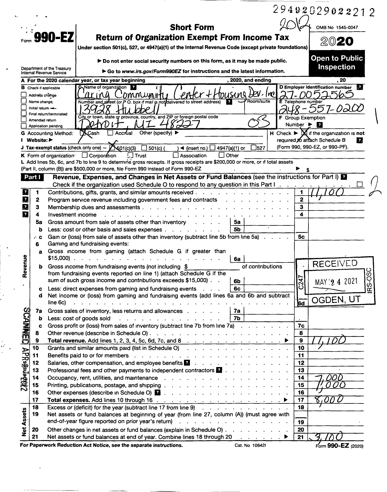 Image of first page of 2020 Form 990EZ for Caring Community Center and Housing Development