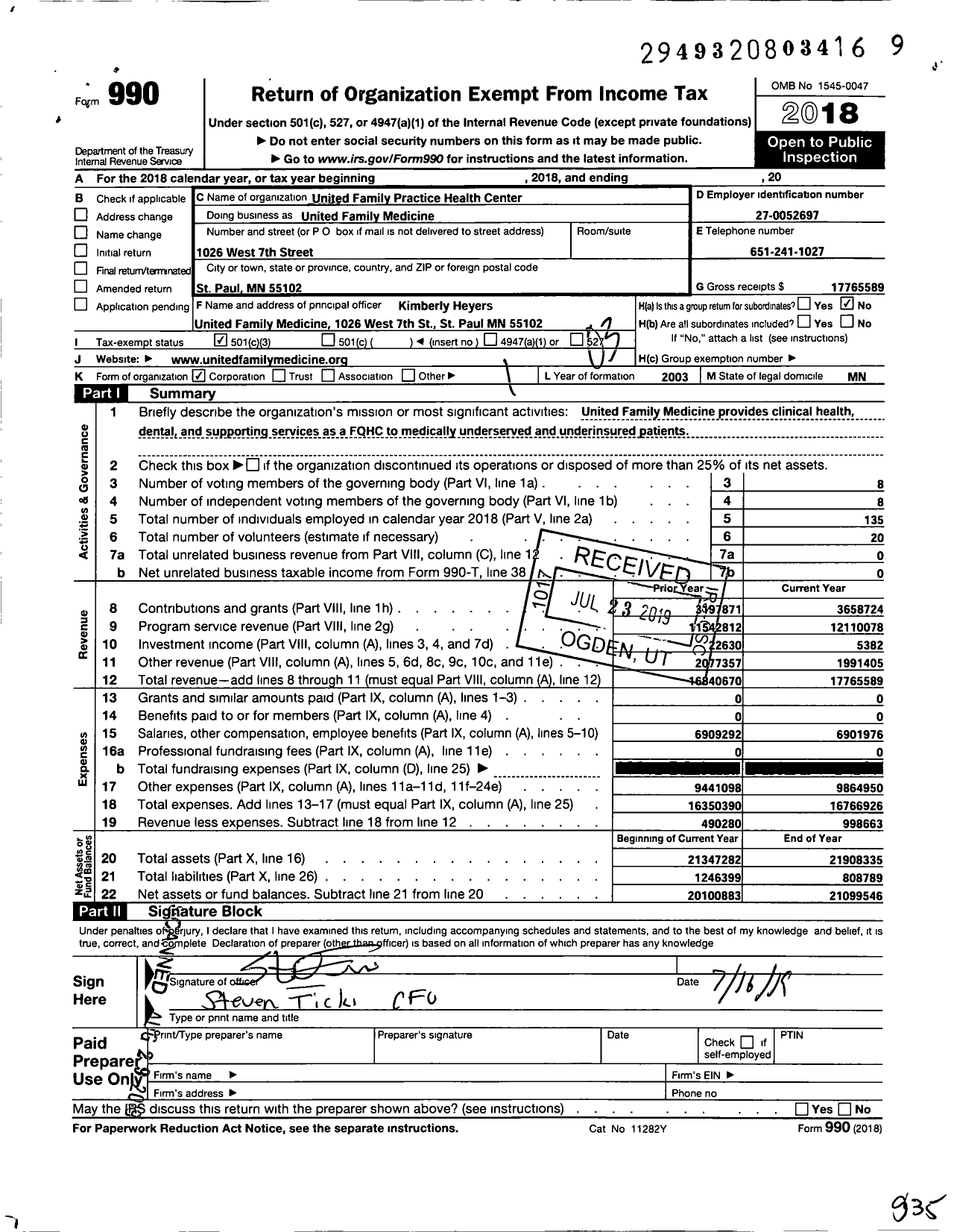 Image of first page of 2018 Form 990 for United Family Medicine (UFM)