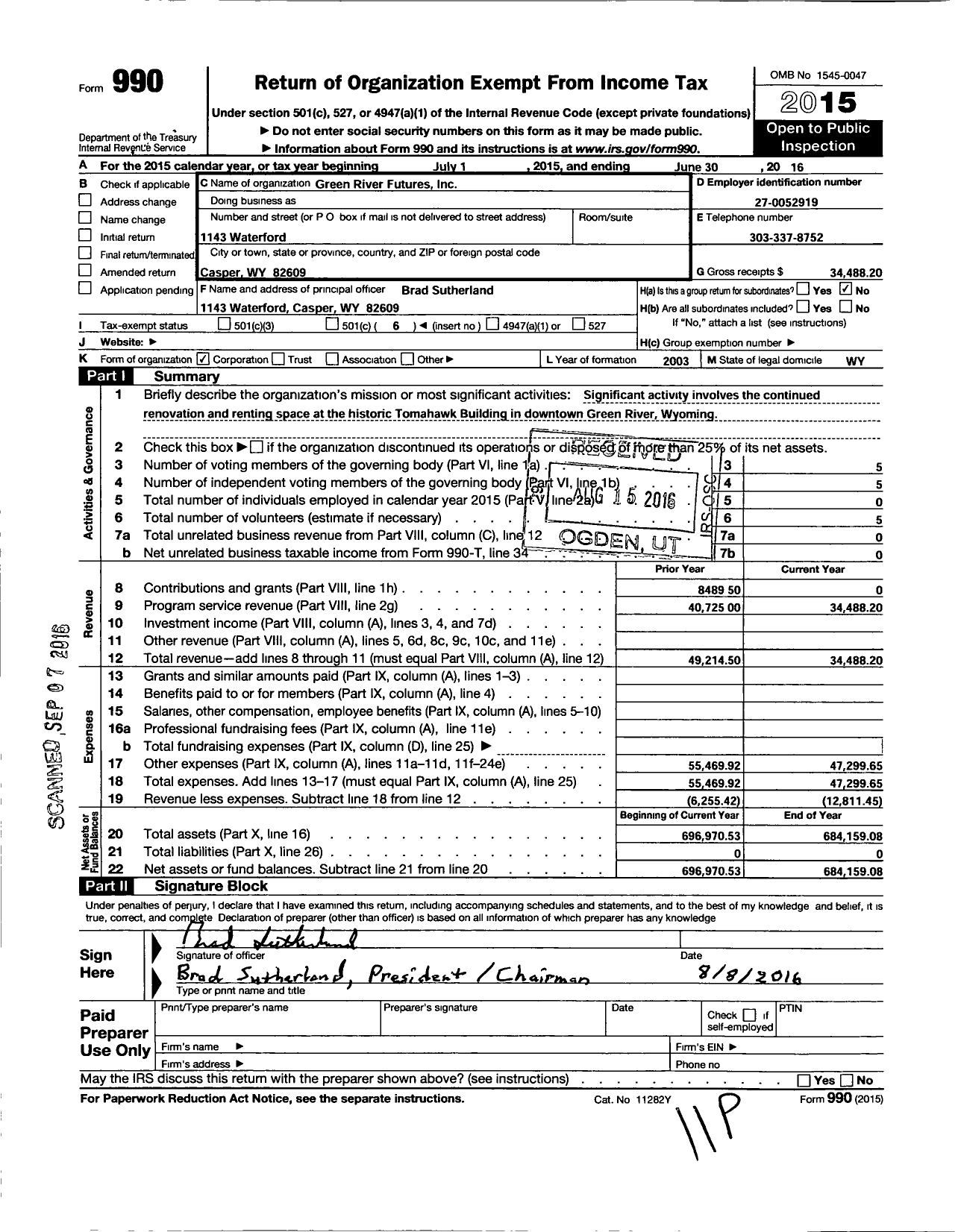 Image of first page of 2015 Form 990O for Green River Futures