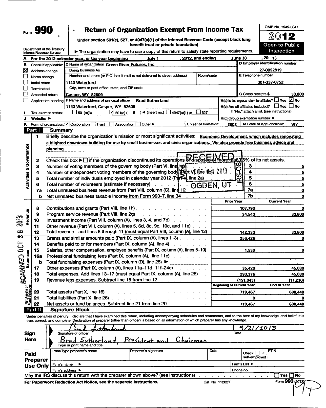 Image of first page of 2012 Form 990O for Green River Futures