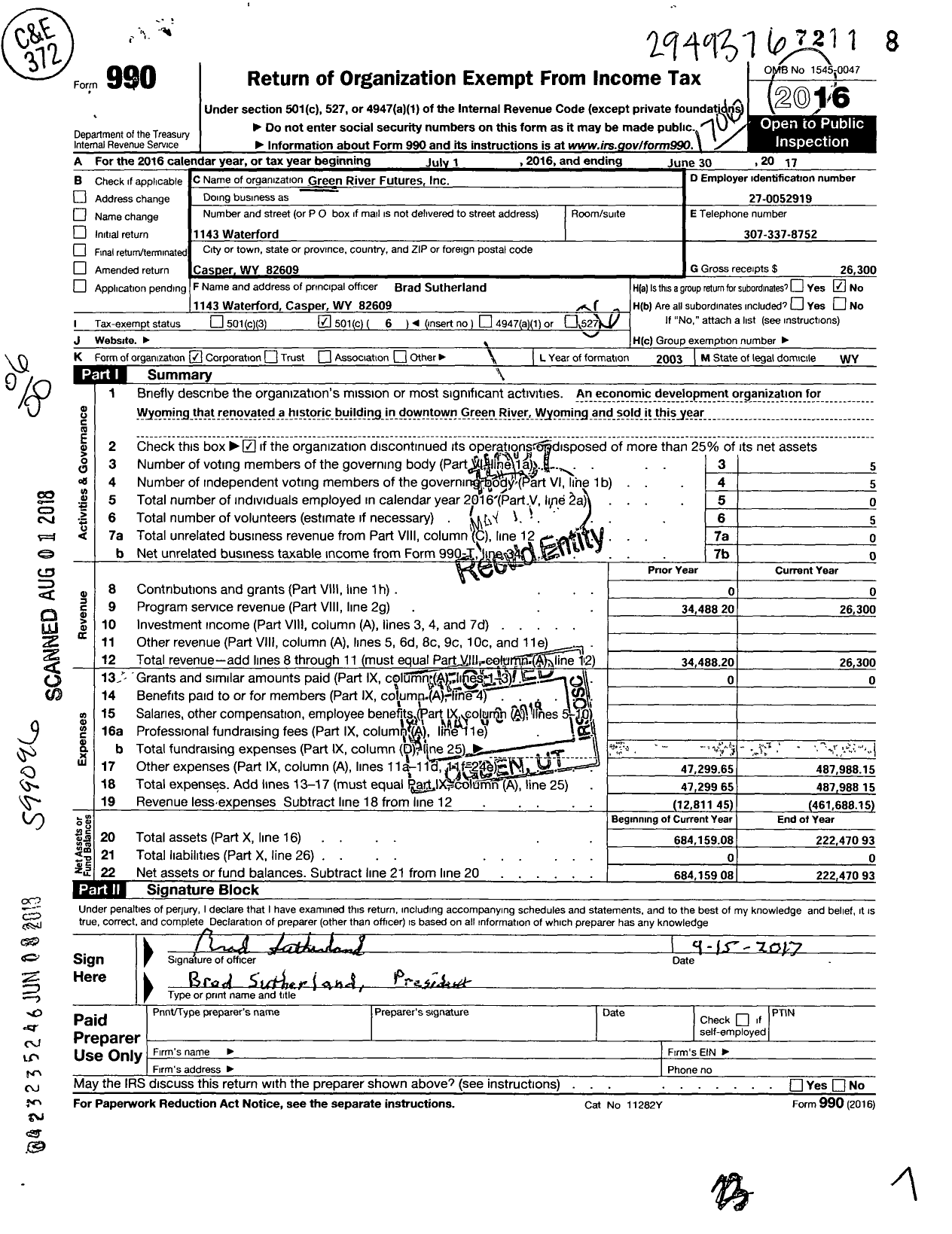 Image of first page of 2016 Form 990O for Green River Futures