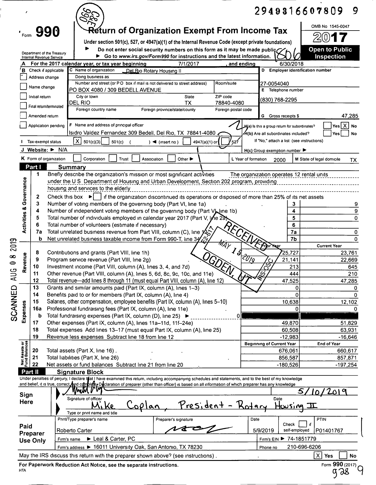 Image of first page of 2017 Form 990 for Del Rio Rotary Housing II