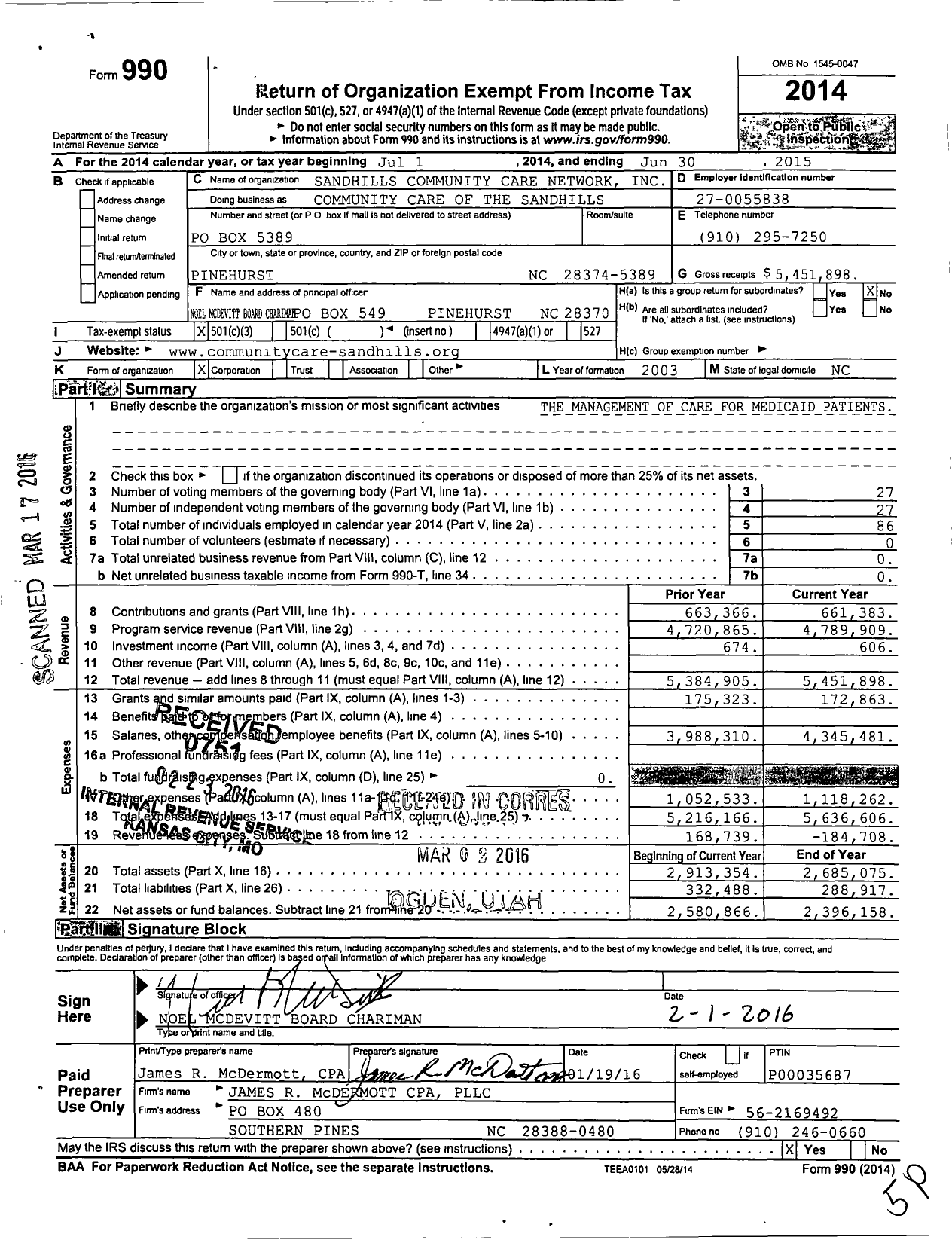 Image of first page of 2014 Form 990 for Community Care of the Sandhills (CCS)