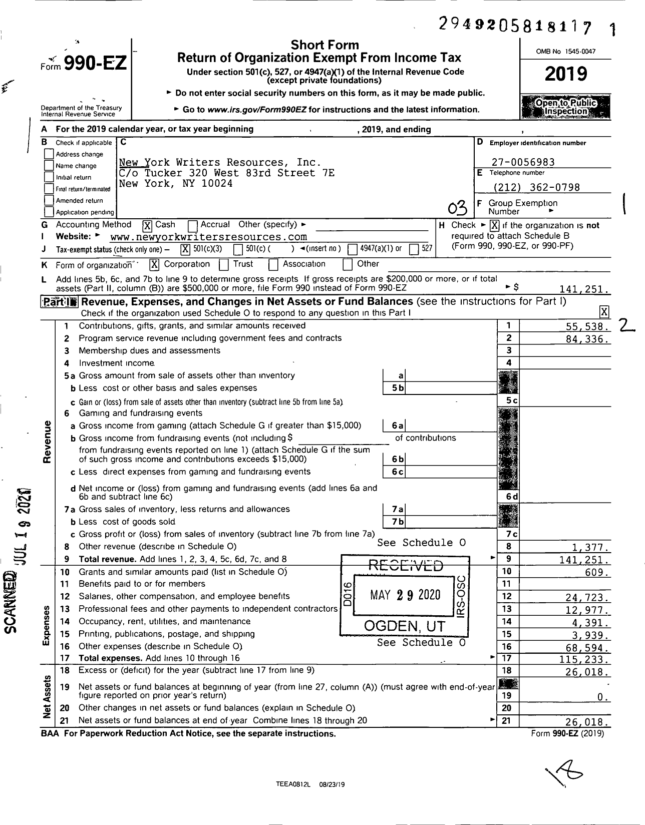 Image of first page of 2019 Form 990EZ for New York Writers Resources