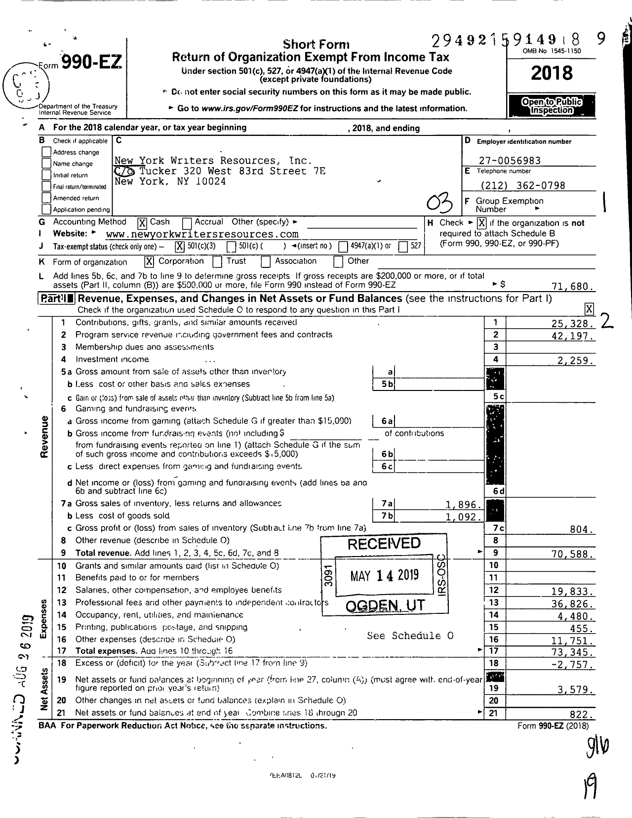 Image of first page of 2018 Form 990EZ for New York Writers Resources