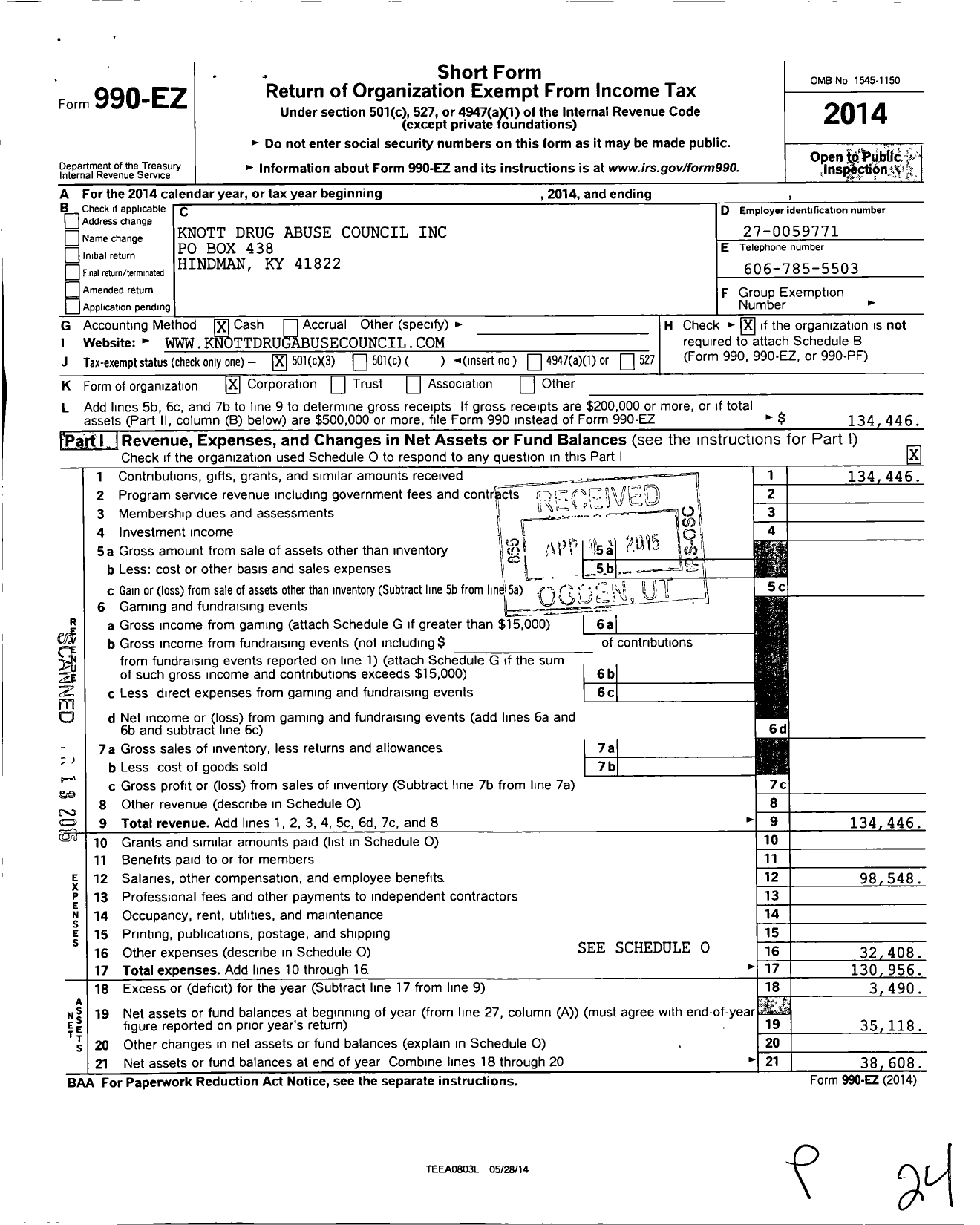 Image of first page of 2014 Form 990EZ for Knott Drug Abuse Council