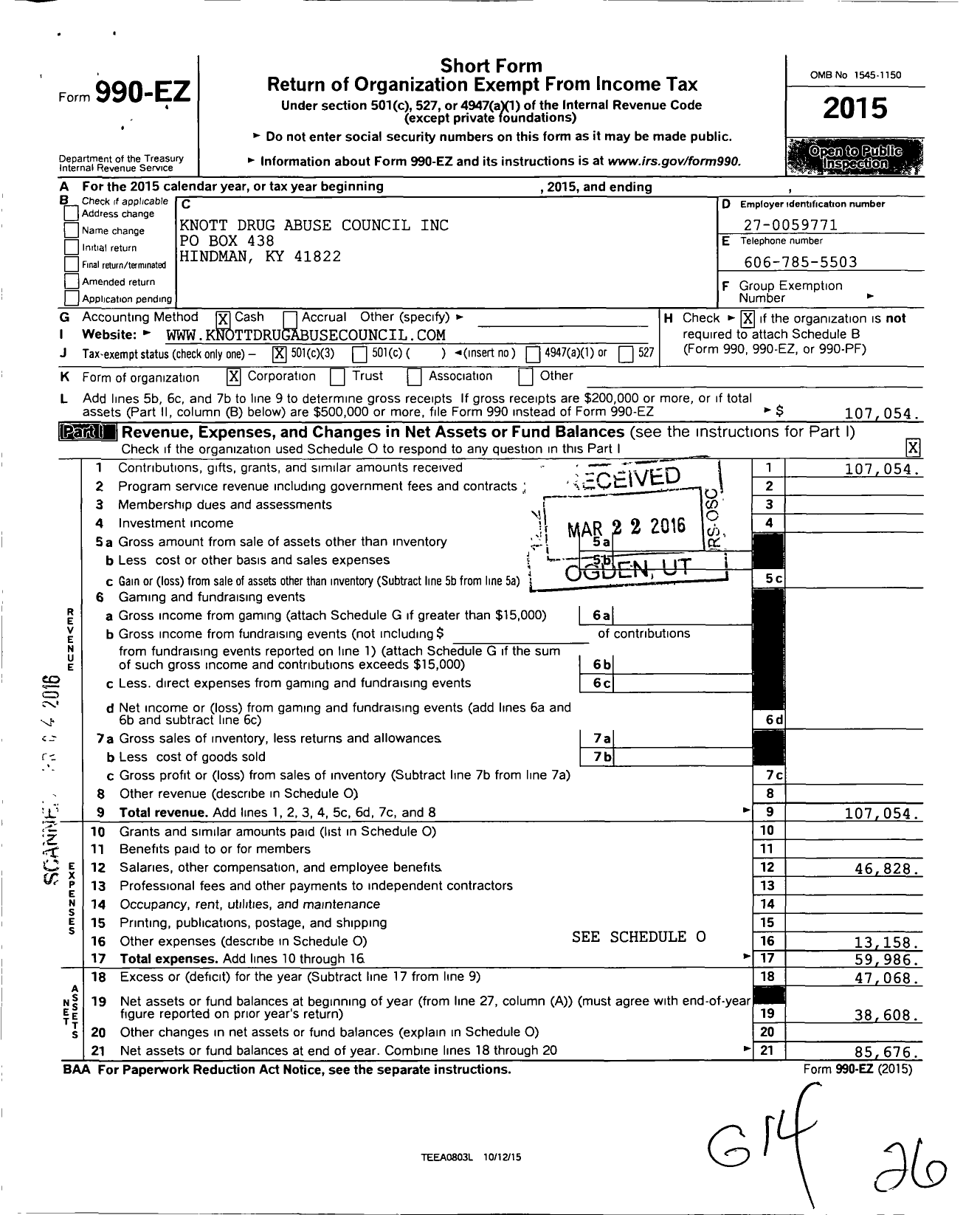 Image of first page of 2015 Form 990EZ for Knott Drug Abuse Council