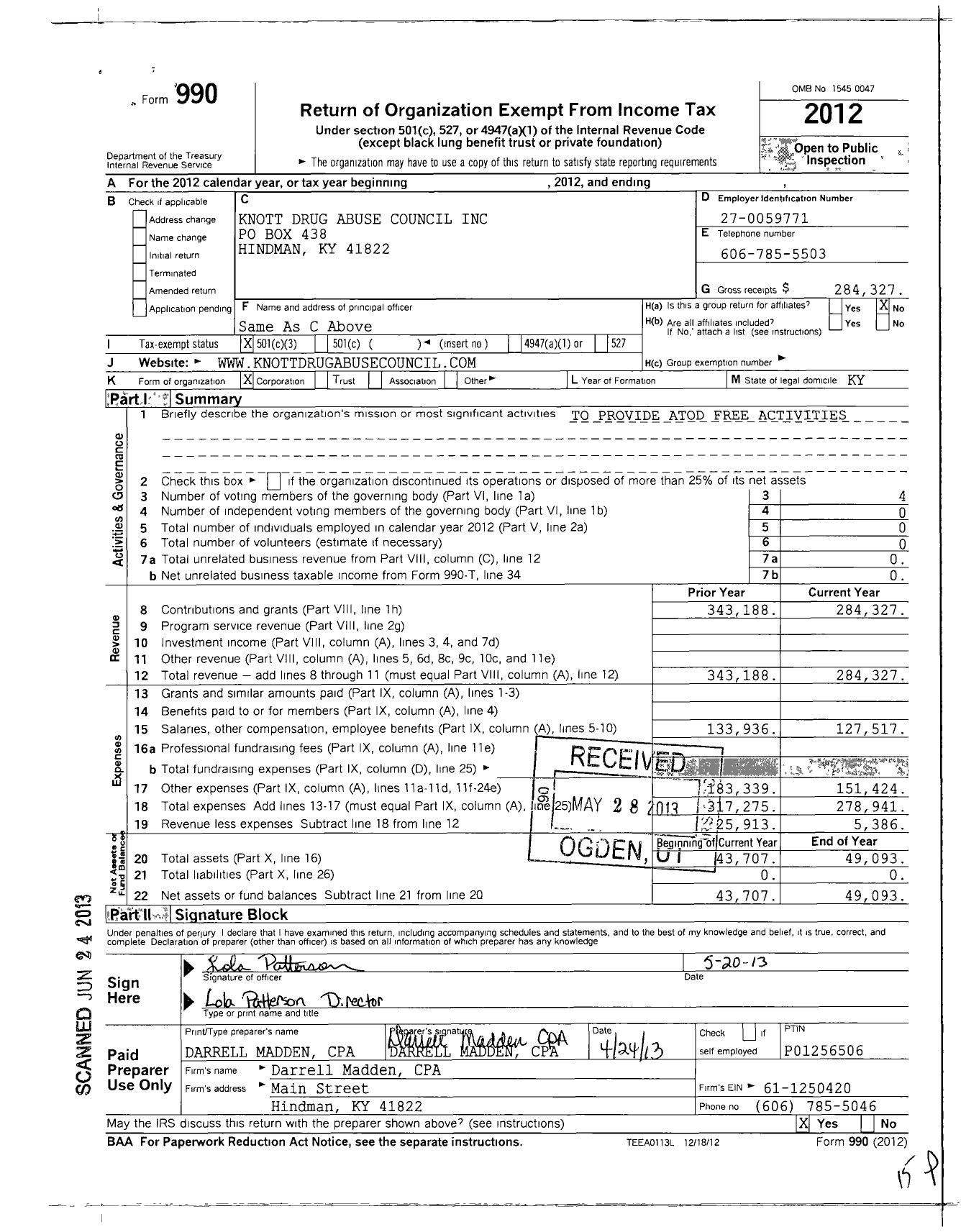 Image of first page of 2012 Form 990 for Knott Drug Abuse Council