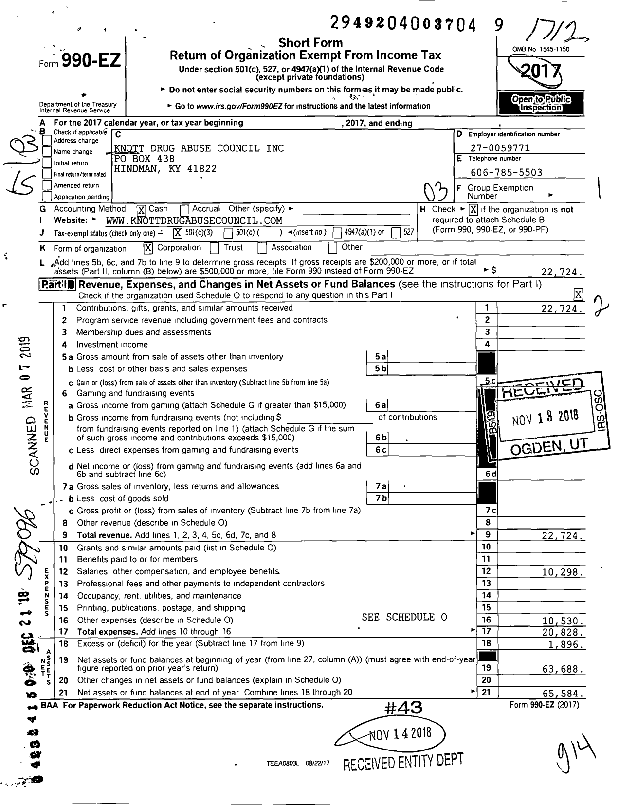 Image of first page of 2017 Form 990EZ for Knott Drug Abuse Council