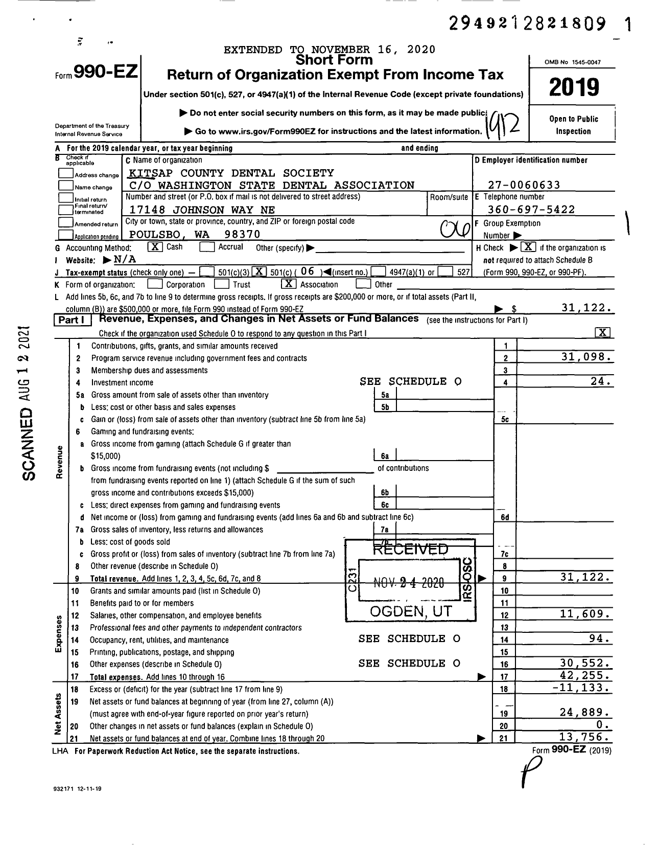 Image of first page of 2019 Form 990EO for Kitsap County Dental Society