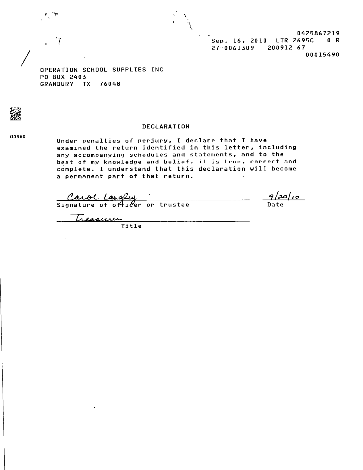 Image of first page of 2009 Form 990ER for Operation School Supplies