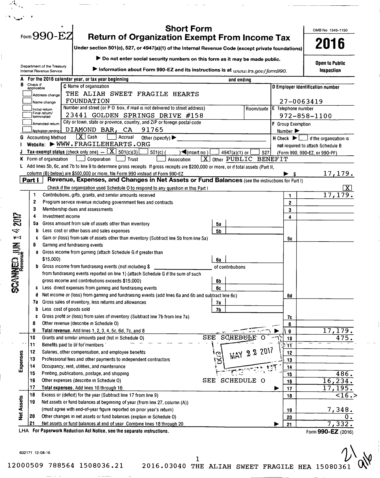 Image of first page of 2016 Form 990EZ for Aliah Sweet Fragile Hearts Foundation