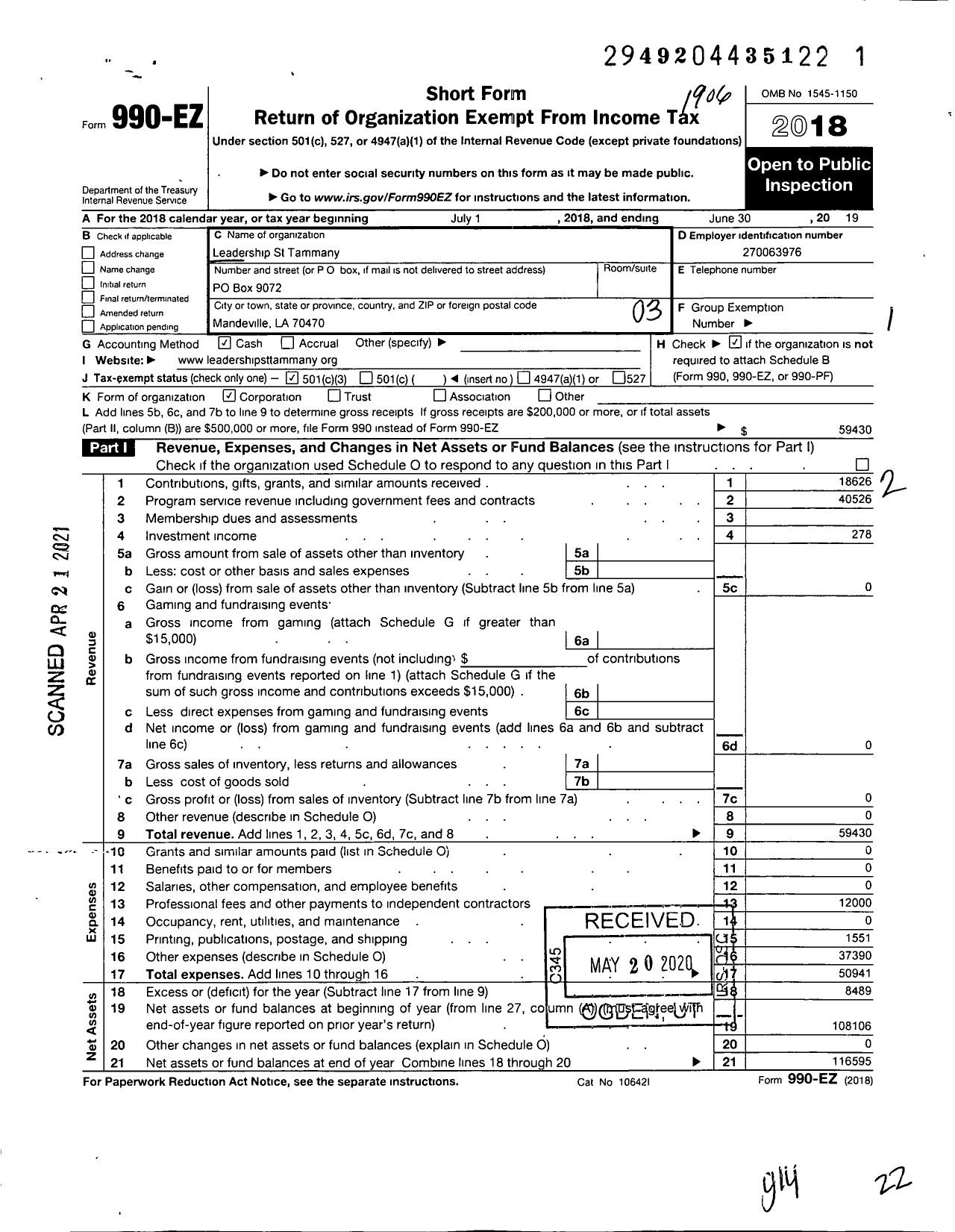 Image of first page of 2018 Form 990EZ for Leadership St Tammany