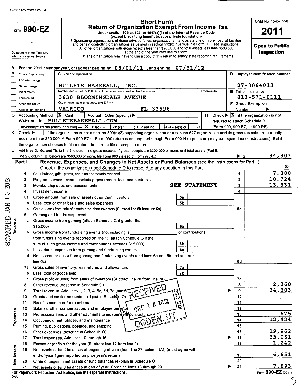 Image of first page of 2011 Form 990EZ for Bullets Baseball