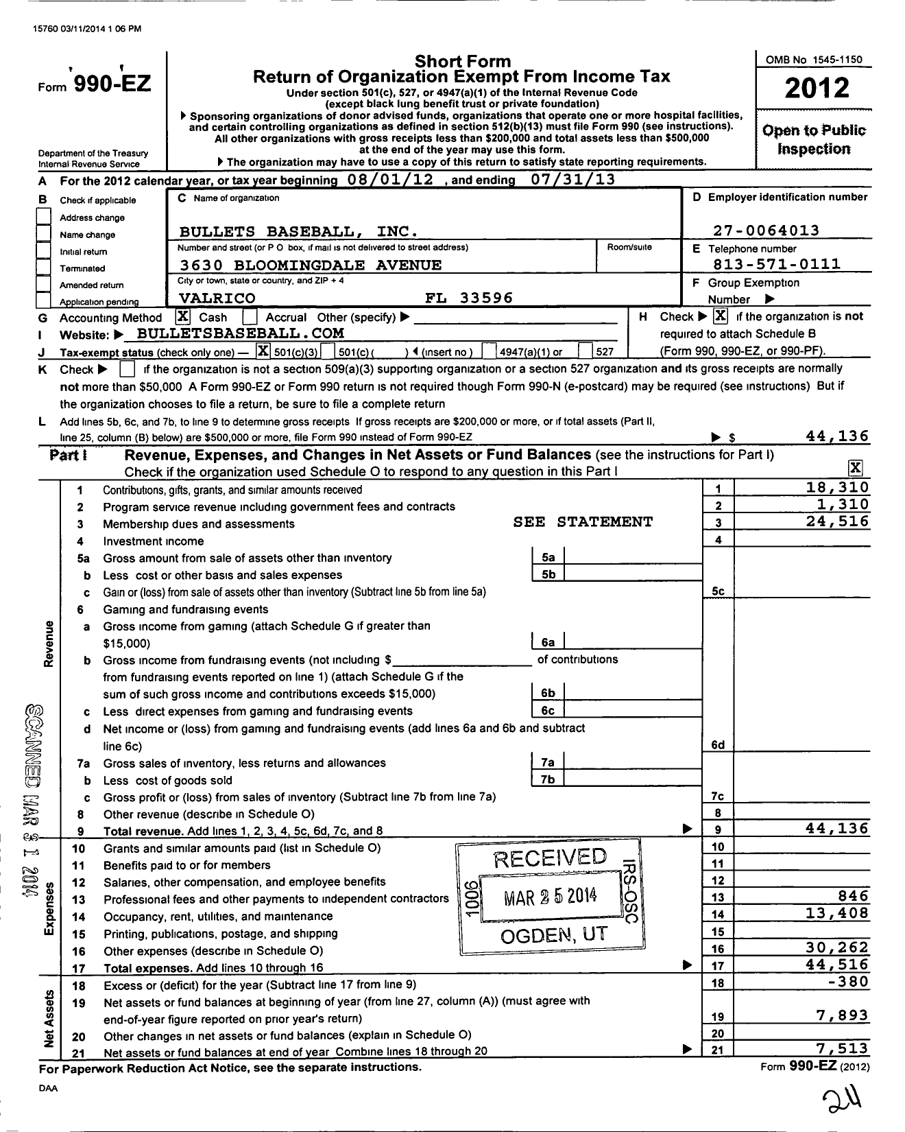 Image of first page of 2012 Form 990EZ for Bullets Baseball