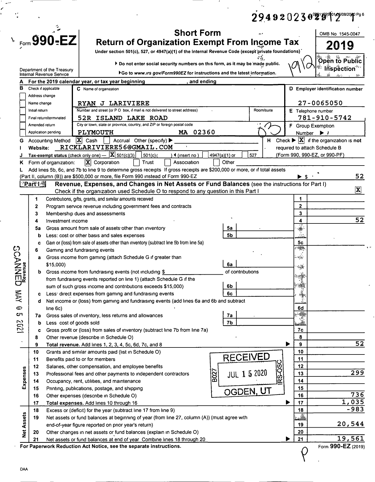 Image of first page of 2019 Form 990EZ for Ryan J Lariviere Memorial Fund