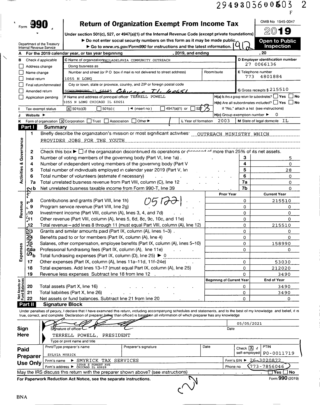 Image of first page of 2019 Form 990 for Philadelphia Coummunity Outreach