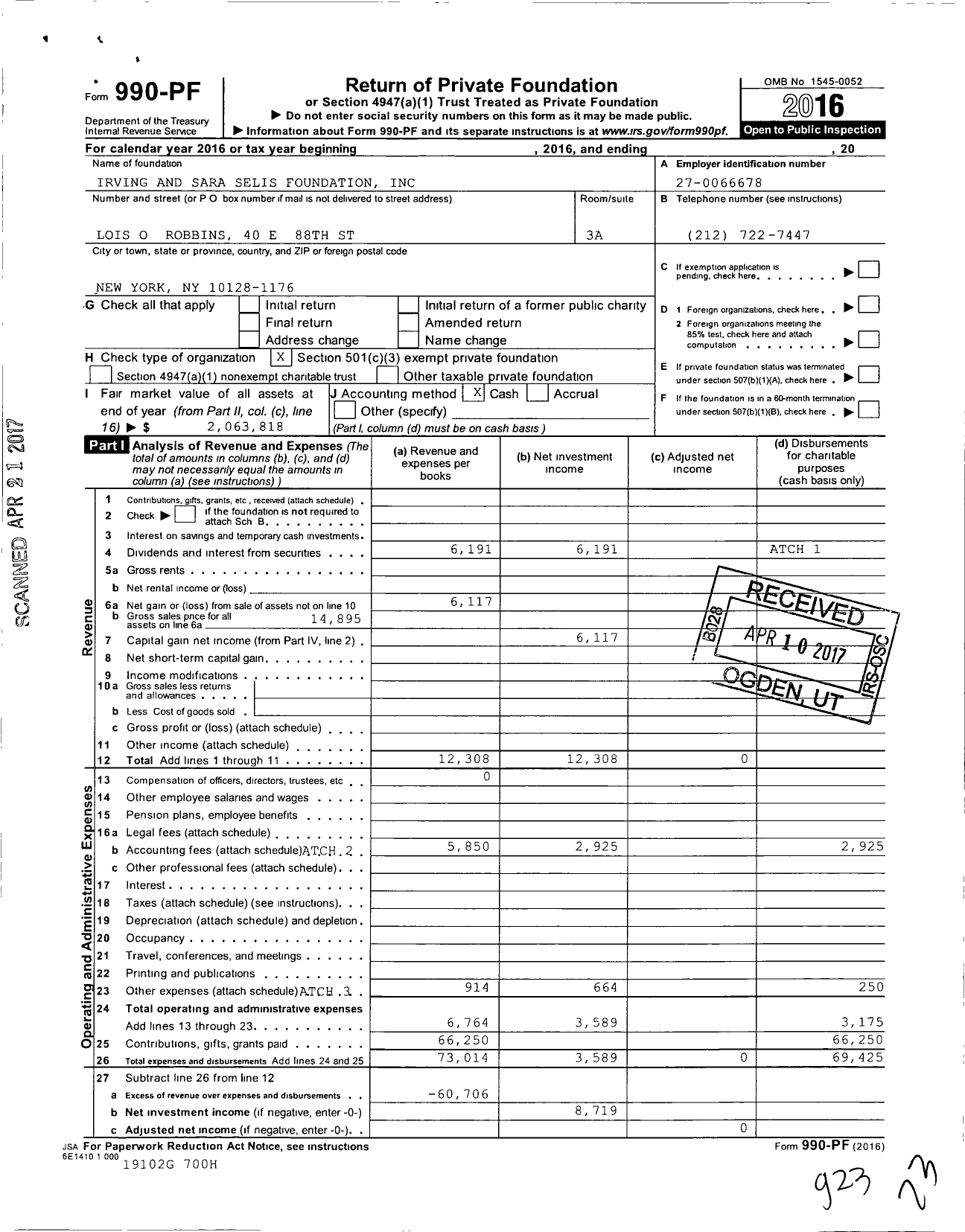 Image of first page of 2016 Form 990PF for Irving and Sara Selis Foundation