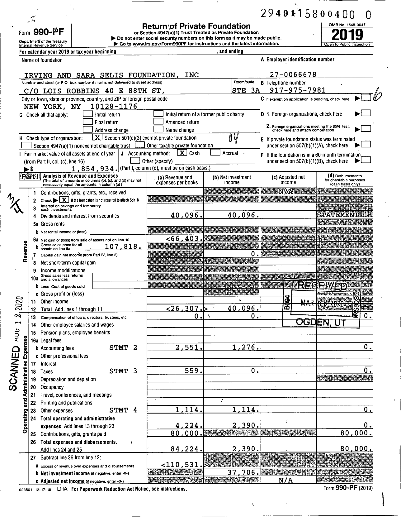 Image of first page of 2019 Form 990PR for Irving and Sara Selis Foundation