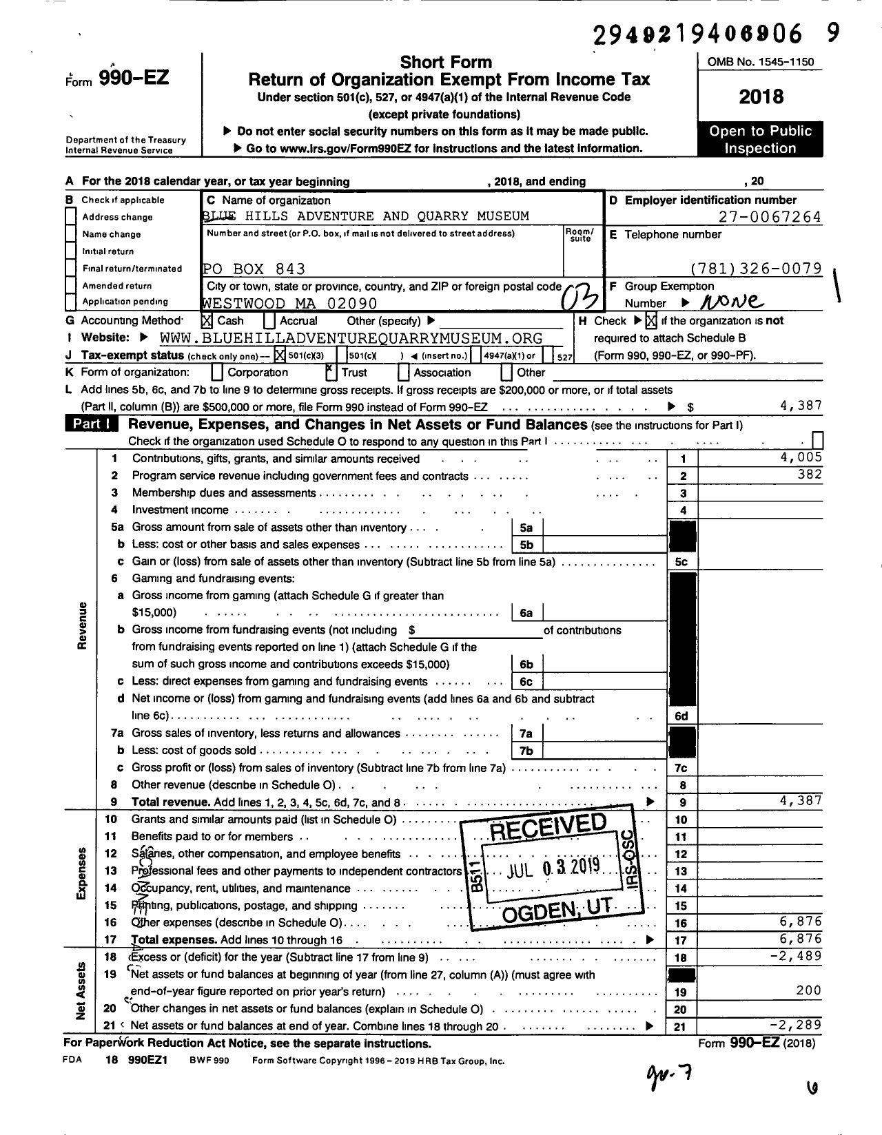 Image of first page of 2018 Form 990EZ for Blue Hill Adventure and Quarry Museum