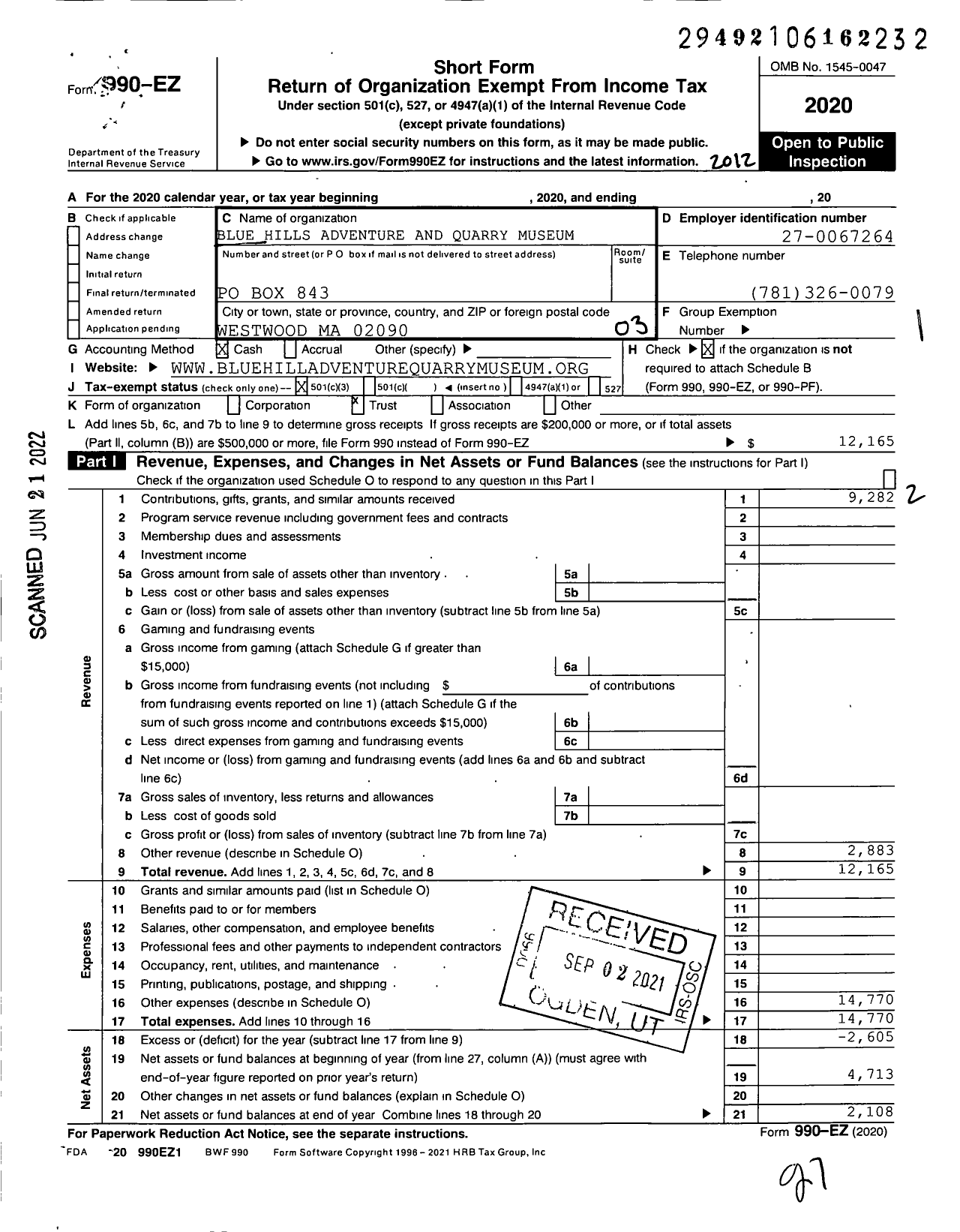 Image of first page of 2020 Form 990EZ for Blue Hill Adventure and Quarry Museum