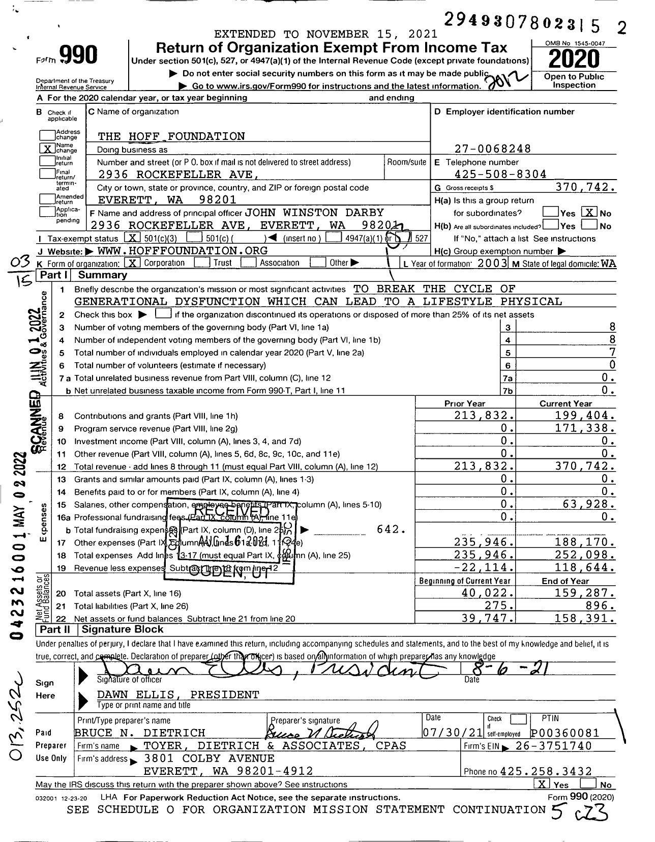 Image of first page of 2020 Form 990 for The Hoff Foundation