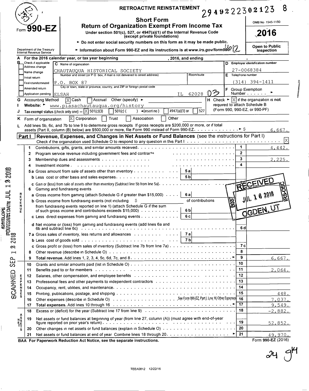 Image of first page of 2016 Form 990EZ for Chautauqua Historical Society