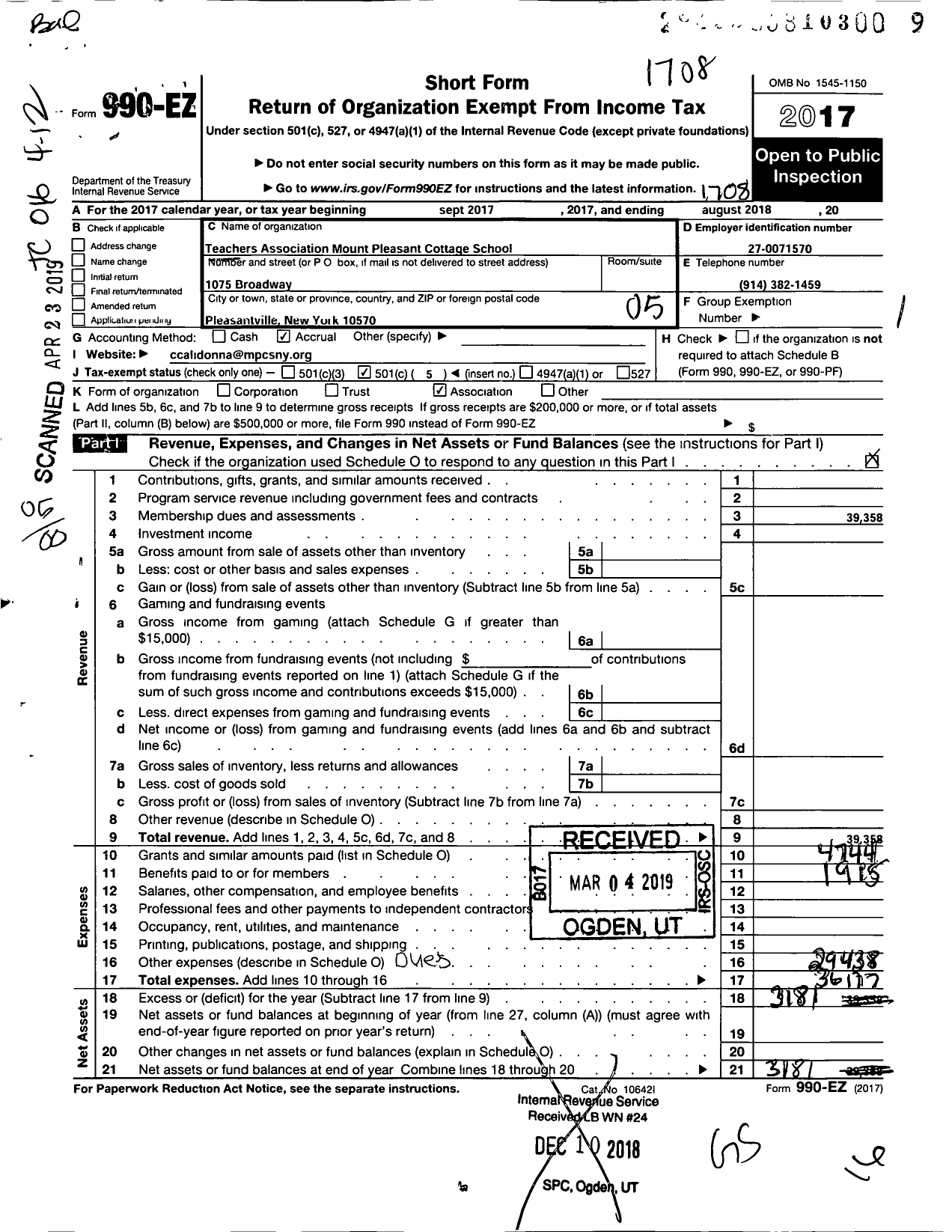 Image of first page of 2016 Form 990EO for Mount Pleasant Cottage School