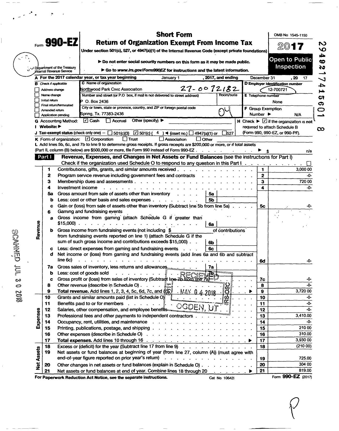 Image of first page of 2017 Form 990EO for Northwood Park Civic Association