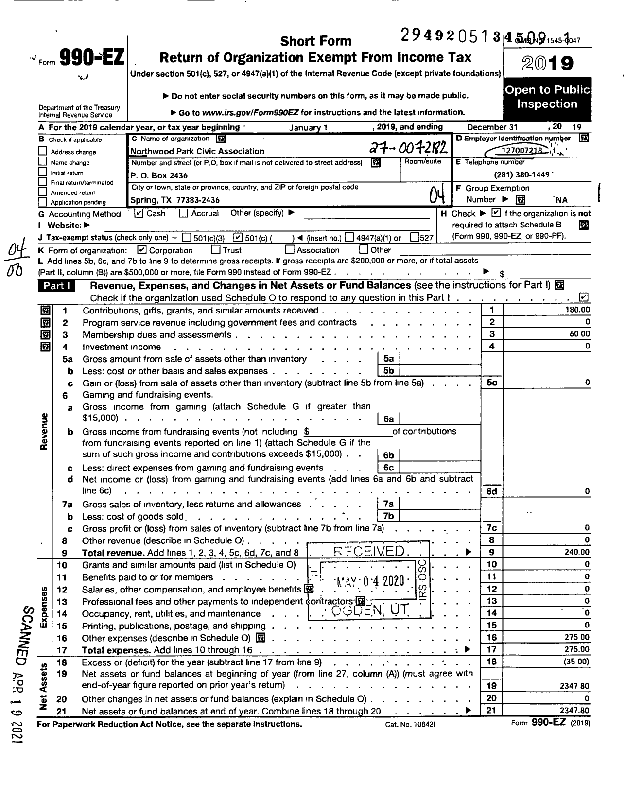 Image of first page of 2019 Form 990EO for Northwood Park Civic Association