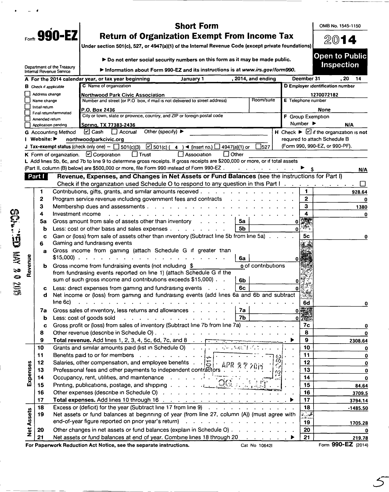 Image of first page of 2014 Form 990EO for Northwood Park Civic Association