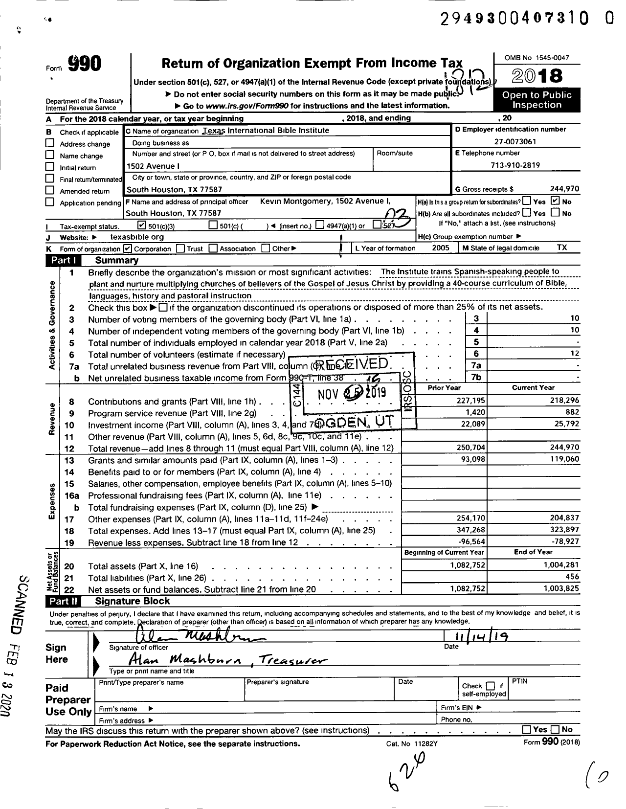 Image of first page of 2018 Form 990 for Texas International Bible Institute