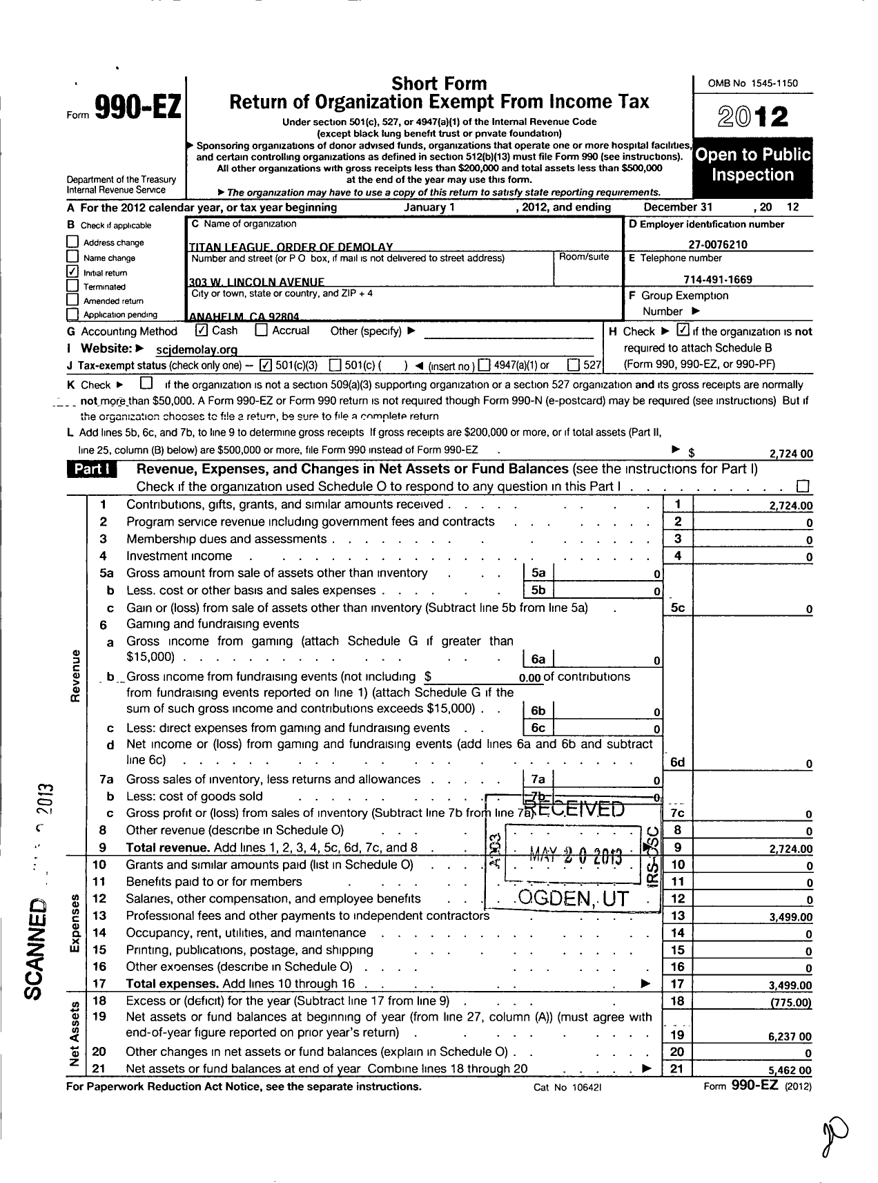 Image of first page of 2012 Form 990EZ for Demolay International - 05605 Titan League