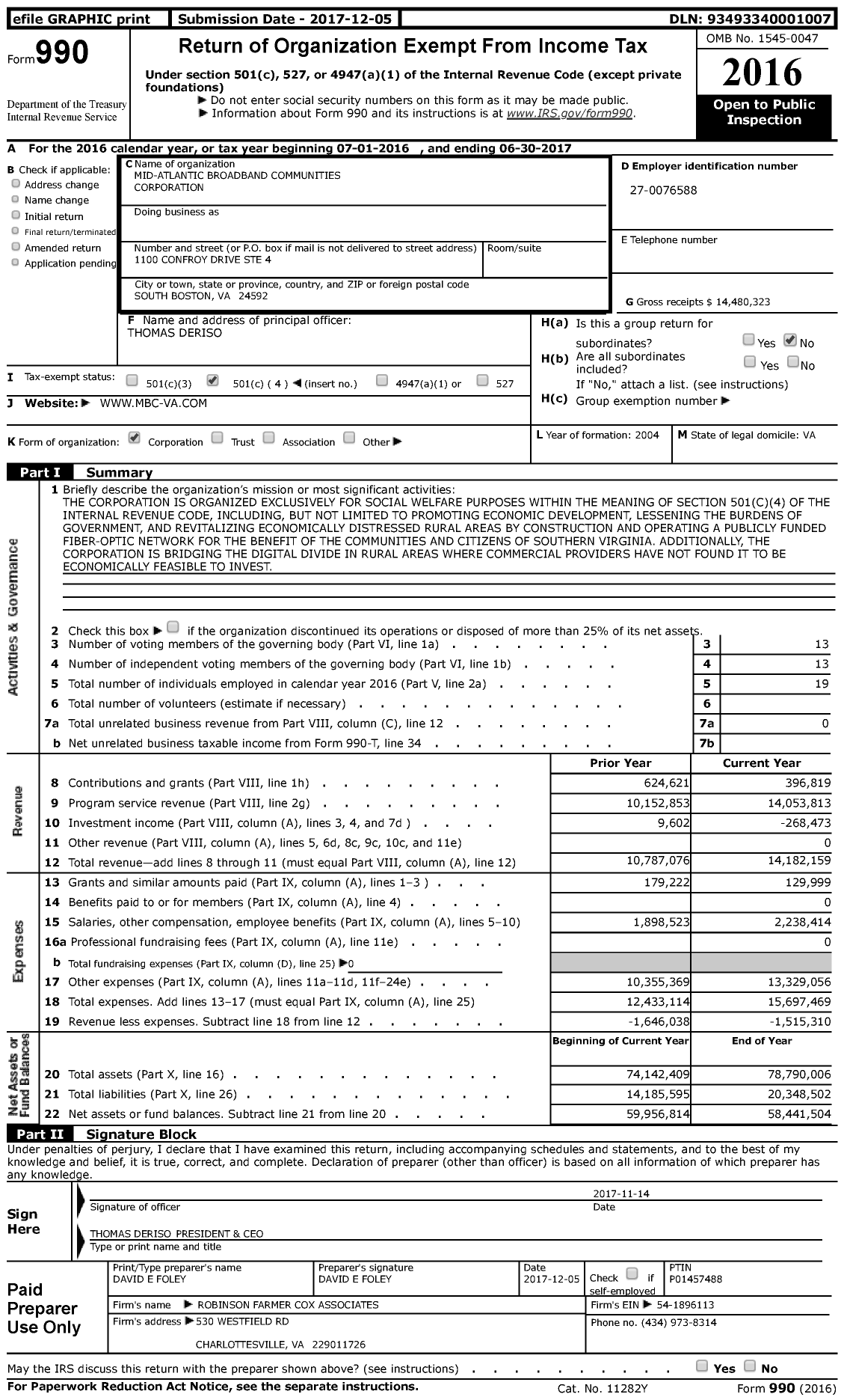 Image of first page of 2016 Form 990 for Mid-Atlantic Broadband Communities Corporation
