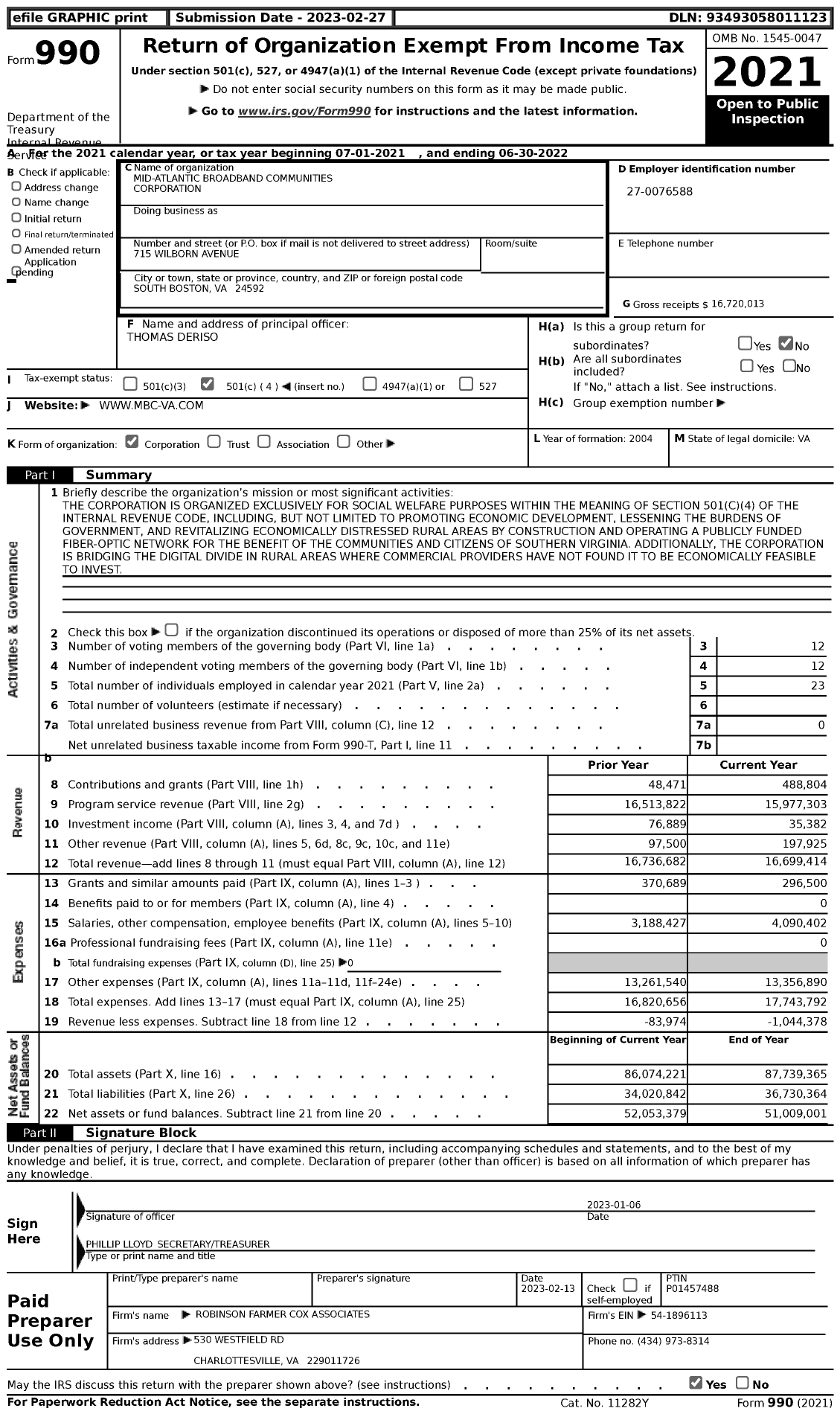 Image of first page of 2021 Form 990 for Mid-Atlantic Broadband Communities Corporation