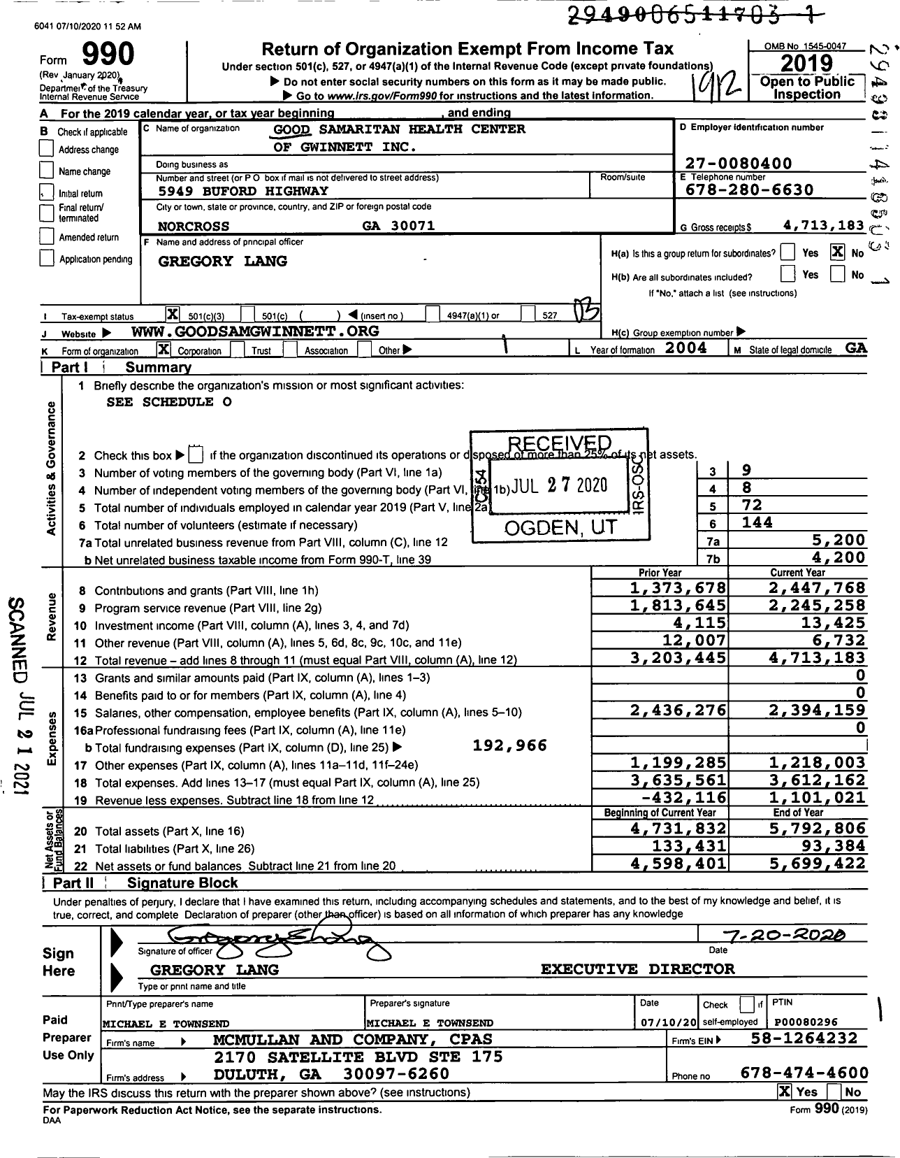 Image of first page of 2019 Form 990 for Good Samaritan Health Center of Gwinnett