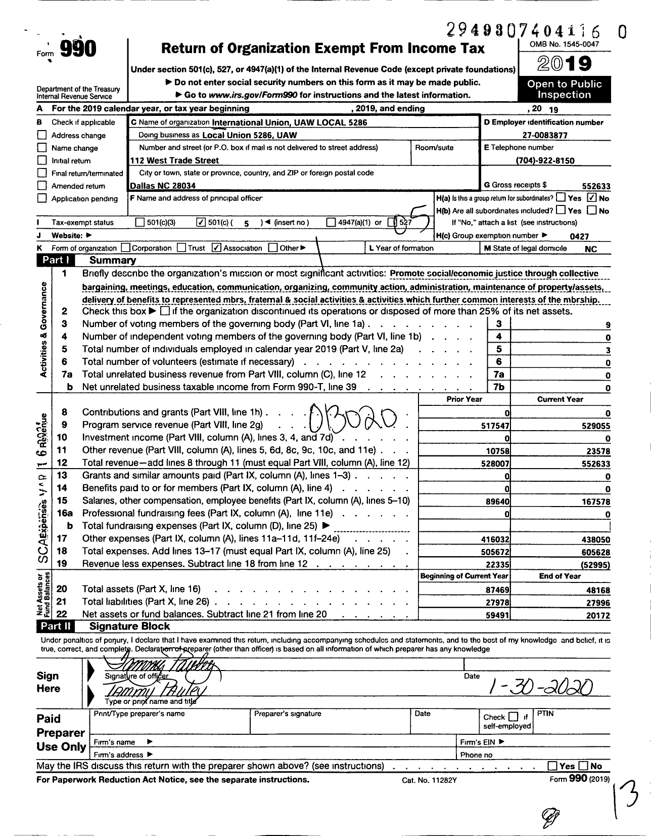 Image of first page of 2019 Form 990O for UAW - Local Union 5286 UAW