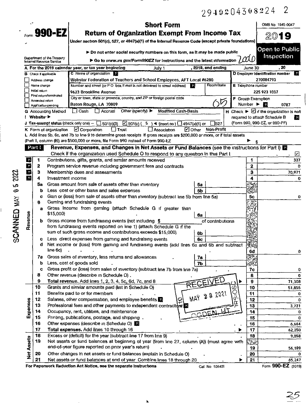 Image of first page of 2019 Form 990EO for American Federation of Teachers - 6282 Webster Federation of Teachers