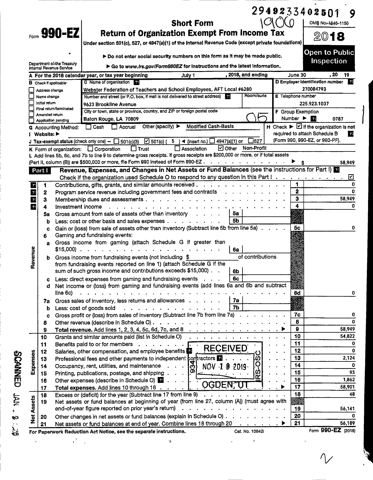 Image of first page of 2018 Form 990EO for American Federation of Teachers - 6282 Webster Federation of Teachers