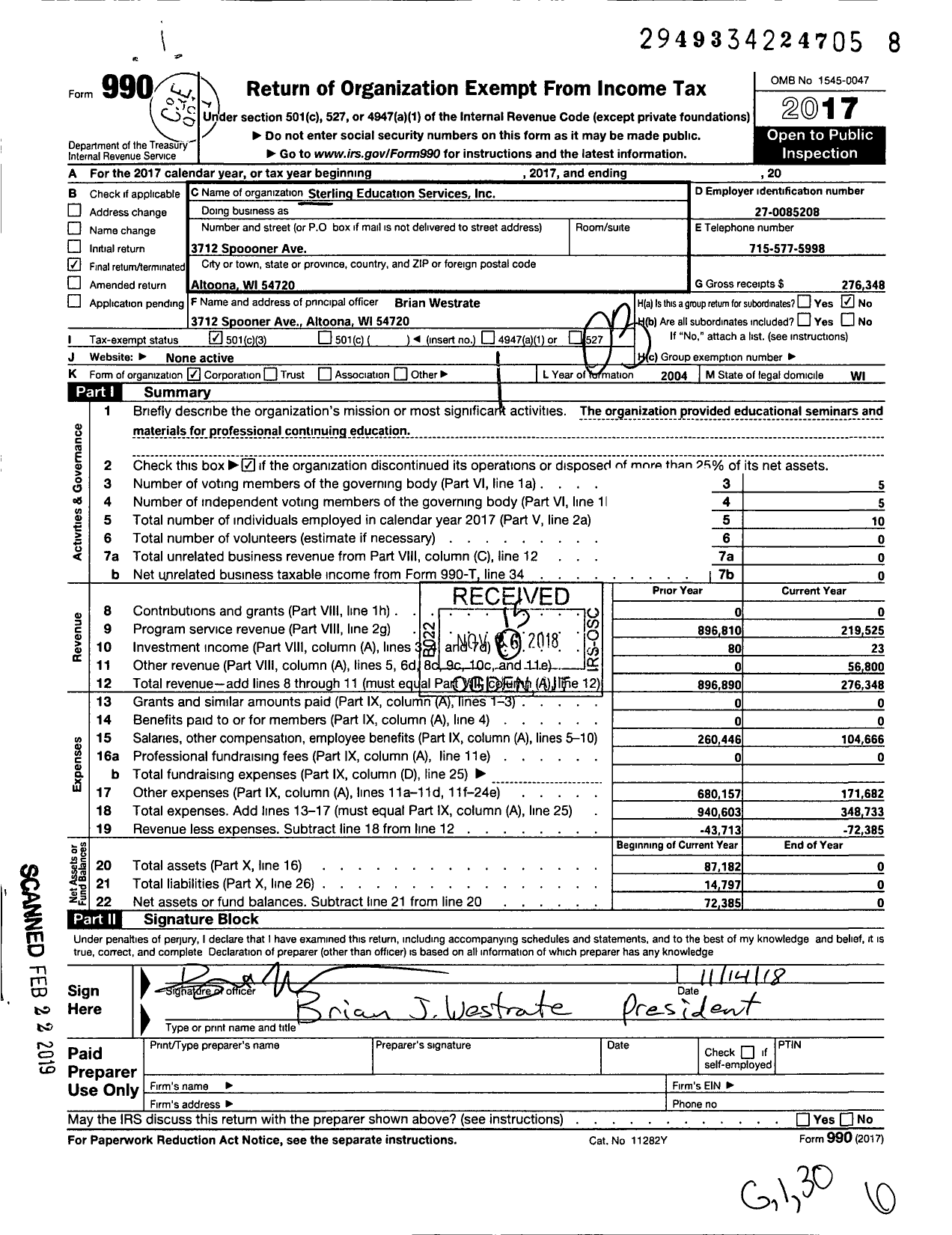Image of first page of 2017 Form 990 for Sterling Education Services