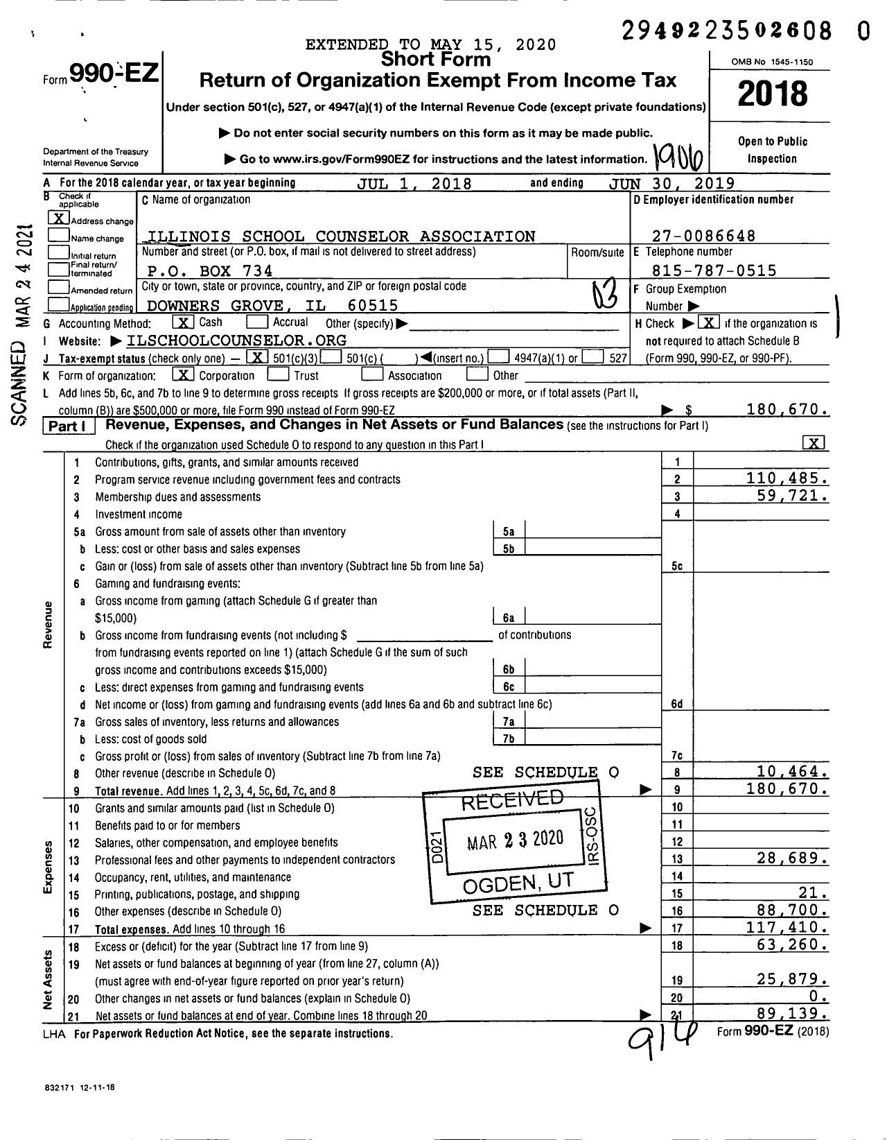 Image of first page of 2018 Form 990EZ for Illinois School Counselor Association