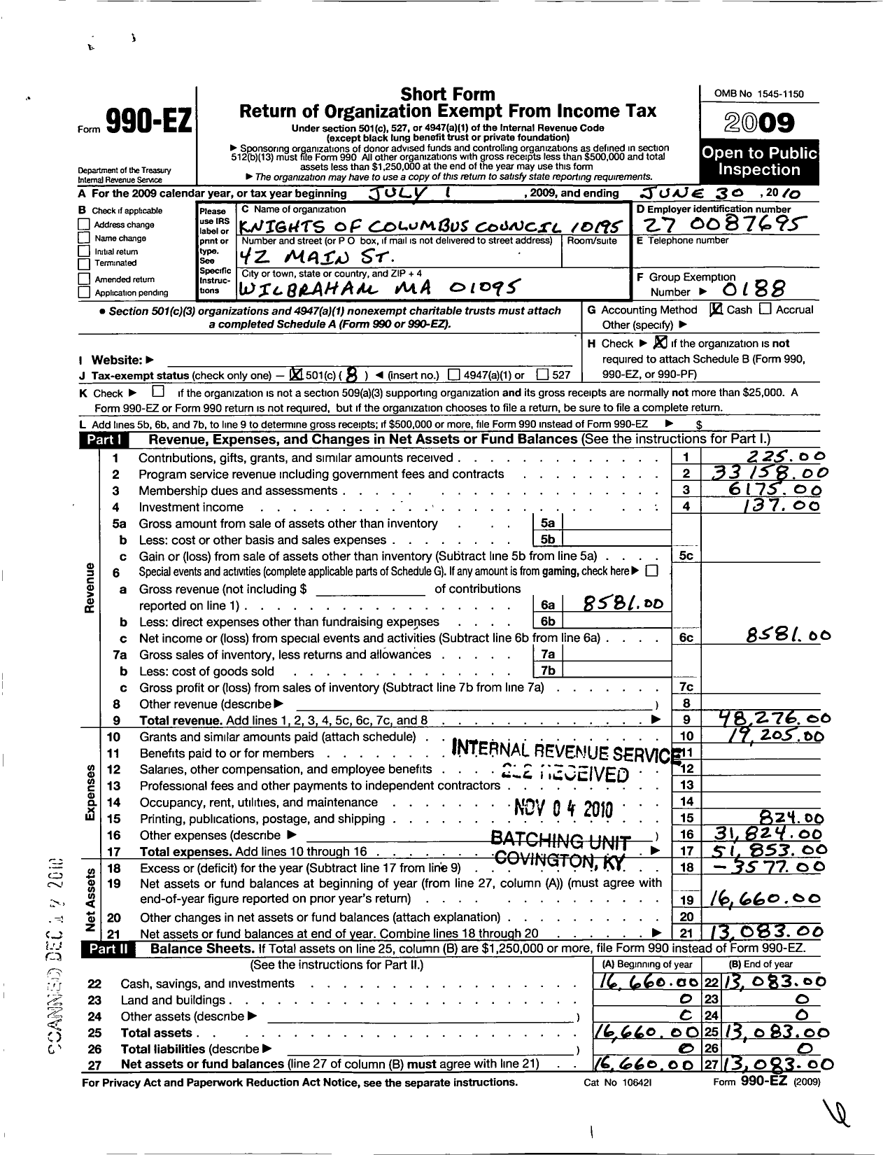 Image of first page of 2009 Form 990EO for Knights of Columbus - 10195 St Cecilia Council