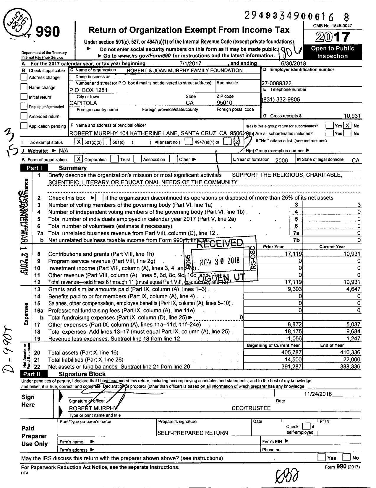 Image of first page of 2017 Form 990 for The Robert and Joan Murphy Family Foundation